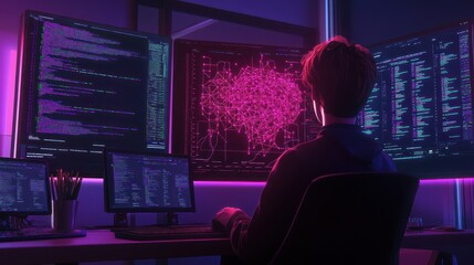 Focused programmer reviewing complex network data on multiple monitors in a dark room.