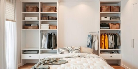 Wall Mural - Modern bedroom with vertical storage of clothing, shelves, and baskets, clothing, shelves