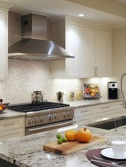 Wall Mural - A trendy apartment kitchen with an open layout, marble countertops, and a statement backsplash.