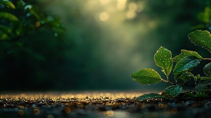 Poster - Mysterious fog idea. Serene nature scene featuring dew-kissed leaves and soft sunlight filtering through greenery.