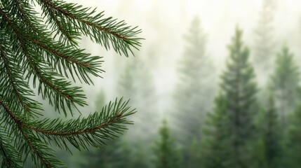 Poster - Mysterious fog idea. Close-up of evergreen branches in a misty forest, showcasing nature's tranquility.