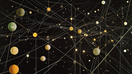 Wall Mural - network of planets, stars, lines against dark.