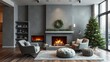 © Chalermrach - Modern loft living room with a sleek Christmas tree, contemporary fireplace, and a large gray armchair, loft, Christmas tree