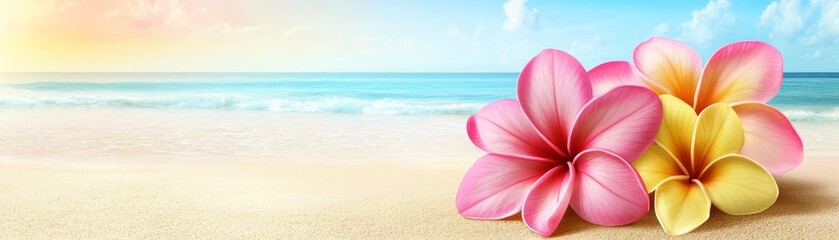 Wall Mural - Two pink and yellow flowers bloom beautifully on the sandy beach, a captivating coastal scene