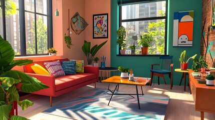 Wall Mural - A studio apartment decorated with multi-functional furniture, bold accent colors, and potted plants to create a cozy atmosphere.