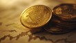 © ittipol - one Bitcoin put on coins stack with stock market charts background. A stack of coins sits below,clear light tone, generative ai