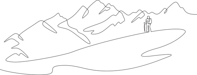 Wall Mural - Continuous one line drawing skier on a snowy slope. Alpine skier against the background of a mountain landscape. Winter sports in the mountains.One continuous line isolated minimal illustration.Not AI