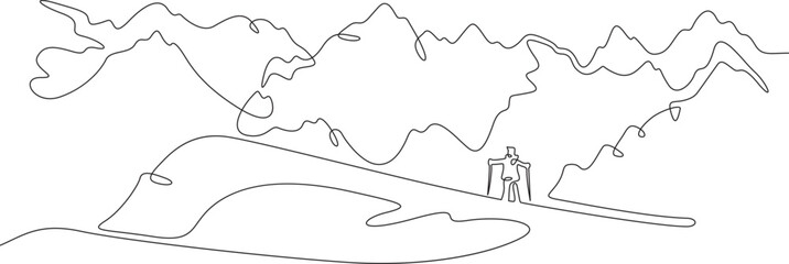 Wall Mural - Continuous one line drawing skier on a snowy slope. Alpine skier against the background of a mountain landscape. Winter sports in the mountains.One continuous line isolated minimal illustration.Not AI