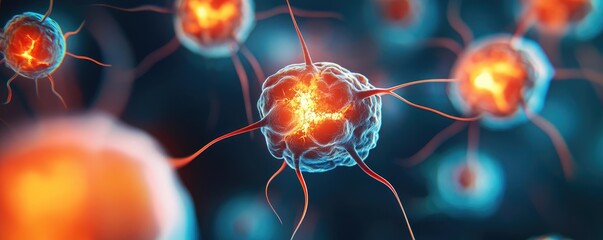 Wall Mural - cancer cells idea. a detailed view of vibrant neurons with glowing features representing neural acti