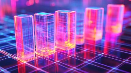 Poster - Colorful Neon Cubes on Digital Grid in Futuristic Abstract Background