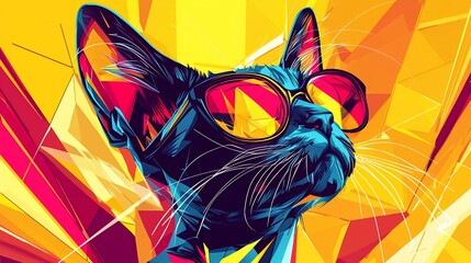 Wall Mural - Colorful cat with sunglasses in a geometric pattern art style.