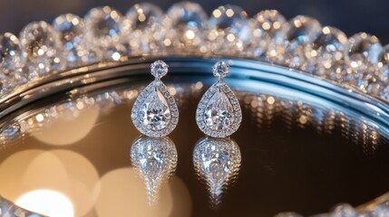 Aufkleber - Elegant Diamond Drop Earrings on Shiny Surface with Reflections