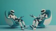 © milenialdesastudio - Two robots talk on chairs, teal background.