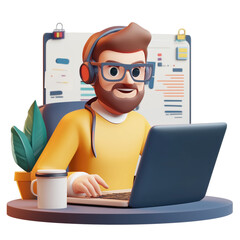 Programmer is working in front of laptop. Isolated on transparent or white background