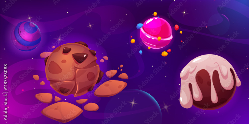 Fantasy cosmic candy land space landscape with sweet celestial objects ...