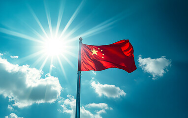 The Chinese flag waves on a flagpole against a bright blue sky and shining sun.