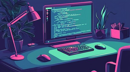 Night coder workspace with computer, keyboard, mouse, plants, and desk lamp.