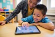 © NeedMoreMars - Joyful Learning: Young Boy and Teacher Engage with Educational Tablet in Bright Classroom Setting, Perfect for Educational Materials and Learning Resources