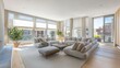 © Niazi  studio - Light-filled living room with white blinds, soft grey seating, and wooden flooring.