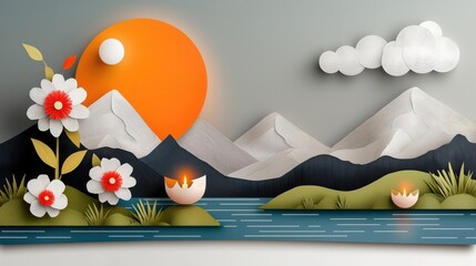 Wall Mural - Vibrant digital landscape depicting a serene mountain vista with a flowing river lush foliage and blooming flowers against a warm sunset or sunrise sky  The minimalist