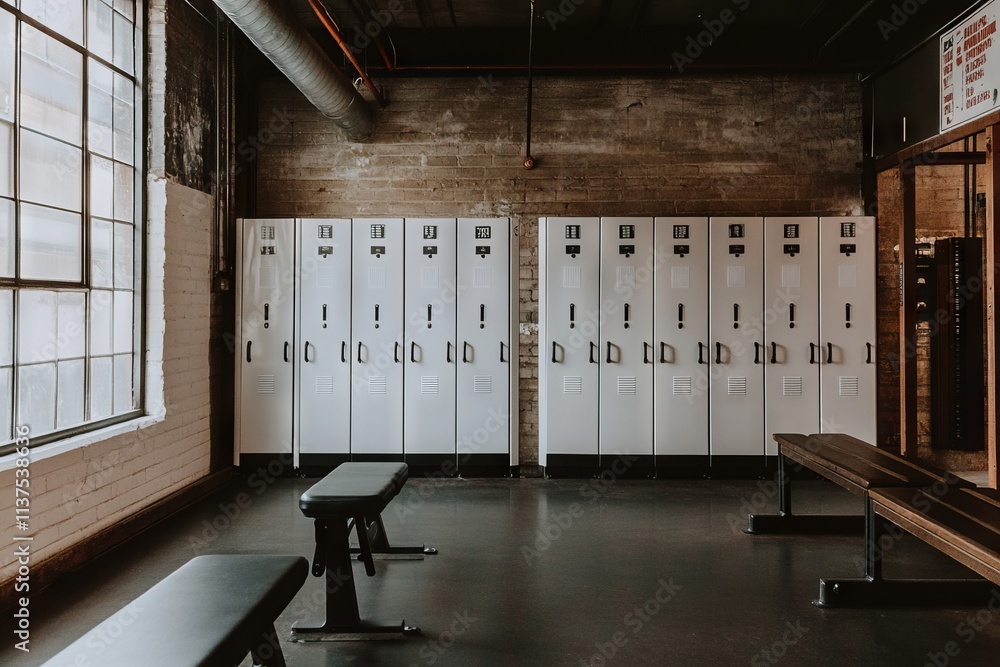 Modern Gym Locker Room with White Lockers and Black Steel Benches. AI ...