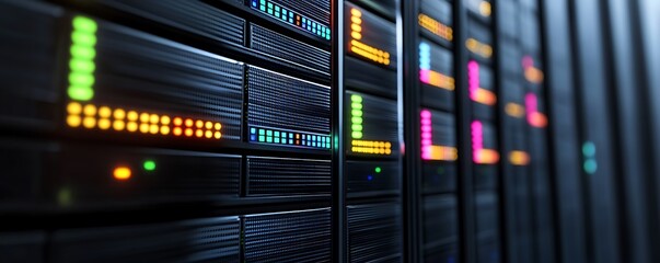 Wall Mural - A close-up of a cloud server rack with colorful LED indicators showcasing the heartbeat of cloud technology in a modern data center