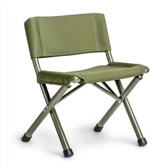 Wall Mural - A photostock of a folding camping chair in olive green, isolated on a clean white background, lightweight and practical, High Quality