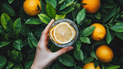Hand holds lemon water near citrus tree.