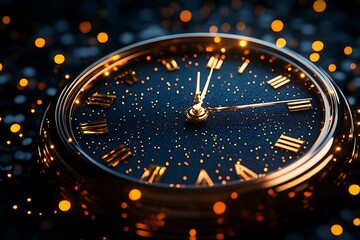 Close-up of a clock face with sparkling lights, symbolizing the New Year's countdown.