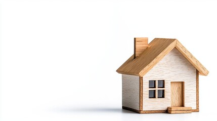 A photostock of a miniature model home made of natural wood, isolated on a clean white background, symbolic and charming, High Quality