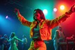 © SimpleDesignStudio - Vibrant Woman Dancing in Neon-Lit Club, Perfect for Party Promotions, Music Festivals, and Nightlife Advertising