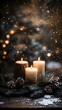 © ABC IMAGE - A podium illuminated by soft candlelight, with festive pine garlands, snowflakes, and a cozy winter scene in the background