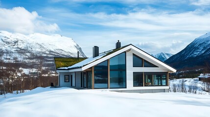 Wall Mural - A Scandinavian-inspired villa with white wood cladding, green roofs, and large windows framing snowy mountains.