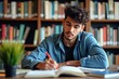 © SimpleDesignStudio - Focused young man studying in a library, surrounded by books, writing in a notebook, ideal for educational and motivational content.