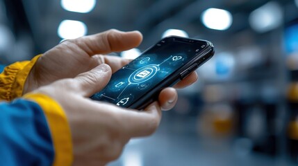 Wall Mural - hands holding a modern high tech smartphone with a sleek futuristic digital interface and advanced i