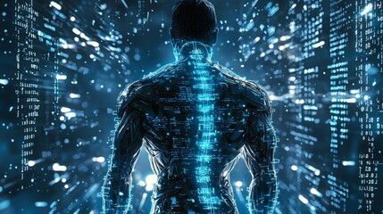 Poster - Humanoid robot with transparent body reveals data streams in futuristic cityscape digital art sci-fi environment
