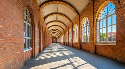 Aufkleber - Bright and Airy Corridor with Arching Windows and Brick Walls