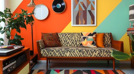 Wall Mural - A retro-themed living room with bold geometric patterns, a mid-century sofa, and a record player.