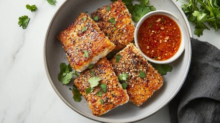 Wall Mural - Crispy Delicious Fish Cakes with Spicy Dipping Sauce on Plate