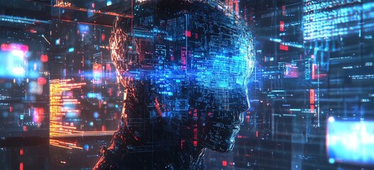 Fototapete - Futuristic humanoid machine display digital environment 3d visualization tech showcase side view innovation concept
