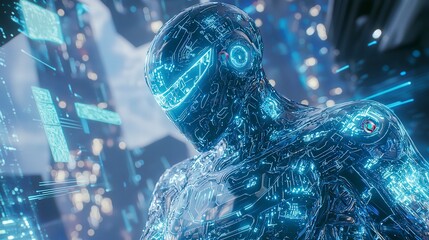 Poster - Futuristic humanoid machine displaying advanced technology urban environment digital art neon lights close-up innovation