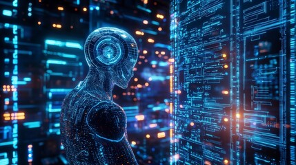 Leinwandbilder - Futuristic humanoid machine analyzing data virtual city digital art neon environment side view technology concept