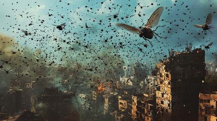 Wall Mural - Insects swarm over ruined city; apocalyptic scene.