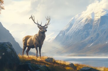 Wall Mural - A majestic deer with impressive antlers stands in the Scottish Highlands, its coat shimmering under the sunlight