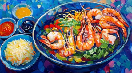 Wall Mural - Vibrant Seafood Dish with Shrimp and Colorful Garnishes