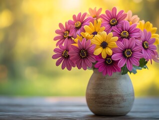 A bouquet of pink and yellow daisies in a vase on a wooden table with a blurred green background.