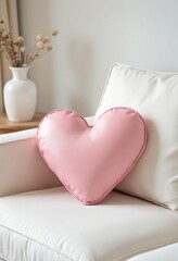 Wall Mural - Heart shaped pink leather pillow on light sofa