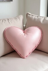 Wall Mural - Heart shaped pink leather pillow on light sofa