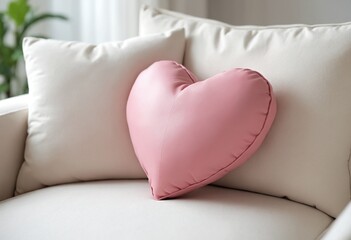 Wall Mural - Heart shaped pink leather pillow on light sofa