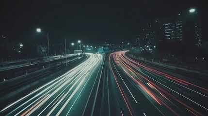 Poster - Nighttime City Traffic with Light Trails and Urban Skyline